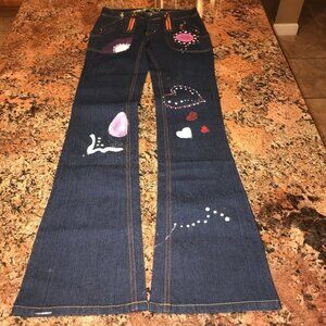 Y2K Size 3/4 Dark Blue Denim flare hand painted jeans Size 3/4 New With Tags
